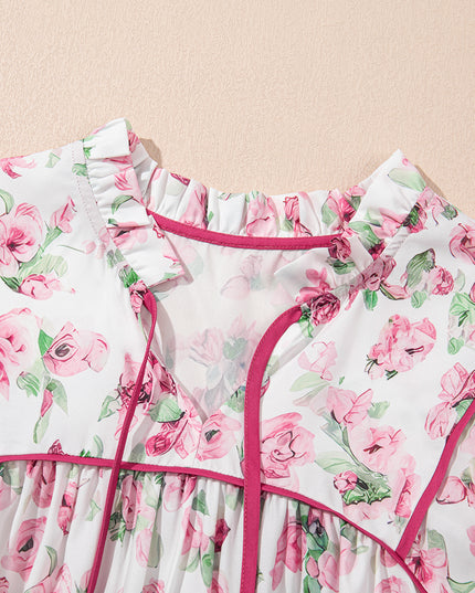 Pink Floral Split Neck Short Sleeve Loose Plus Size Mini Dress
