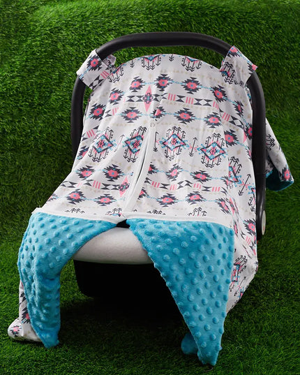 Multi Aztec Print Car Seat Cover with Blue Minky Inside