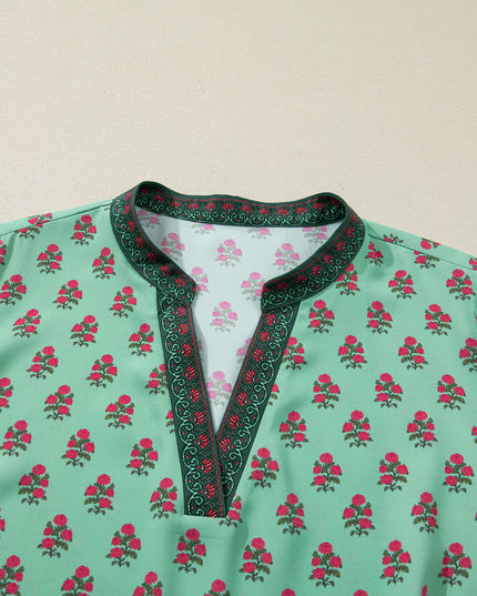 Green Plus Size Floral Print Contrast Trim V Neck Bracelet Sleeve Blouse
