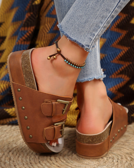 Chestnut Dual Buckle Studded Platform Sandal Slippers