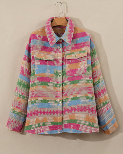 Pink Plus Size Aztec Printed Flap Pocket Shacket