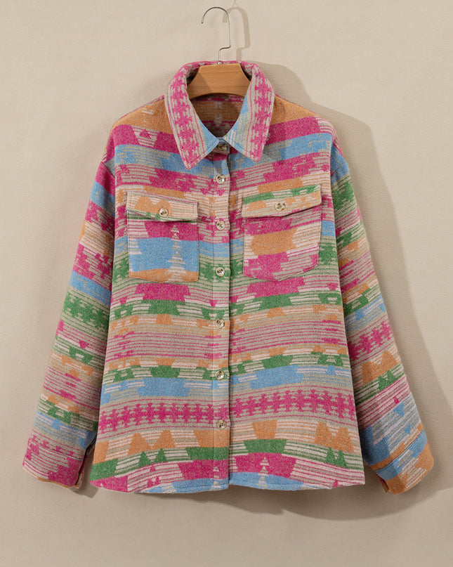 Pink Plus Size Aztec Printed Flap Pocket Shacket