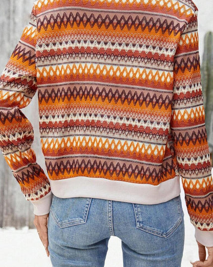 Orange Boho Striped Zip Up Long Sleeve Jacket
