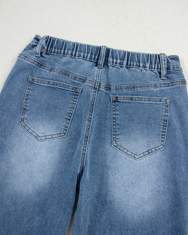 Stone Blue Star Patchwork Cropped Wide Leg High Waist Jeans