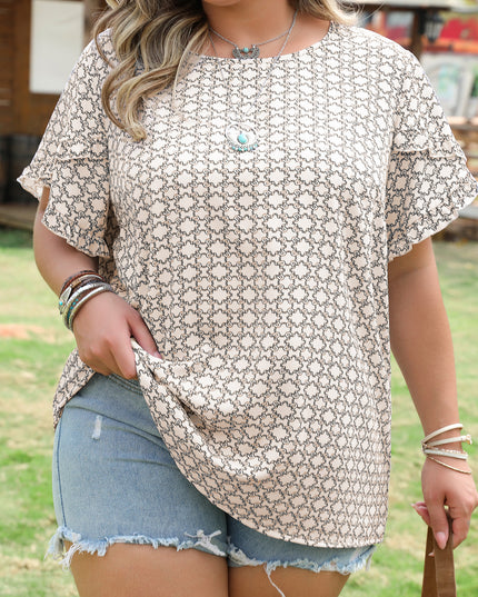 Khaki Plus Size Geometric Print Ruffled Sleeve Blouse