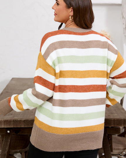 Multicolour Striped Colorblock Drop Shoulder Plus Size Sweater