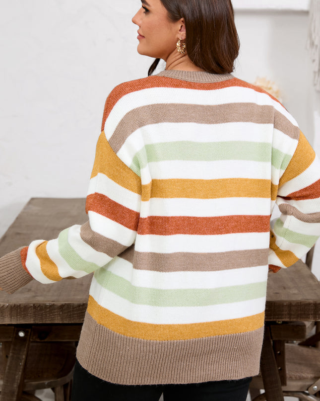 Multicolour Striped Colorblock Drop Shoulder Plus Size Sweater