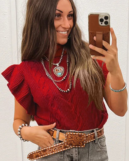 Tomato Red Cable Knit Turtleneck Ruffled Short Sleeve Sweater