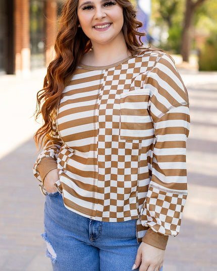 Khaki Striped Checkered Mixed Print Chest Pocket Casual Plus Size Top