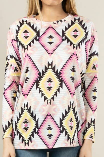 KC010-TORI AZTEC PRINT DOLMAN SLEEVE TUNIC
