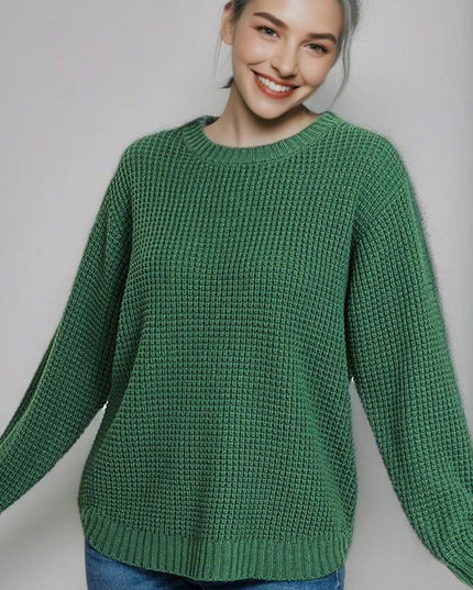 Hi Low Long Sleeve Round Neck Waffle Sweater Zenana