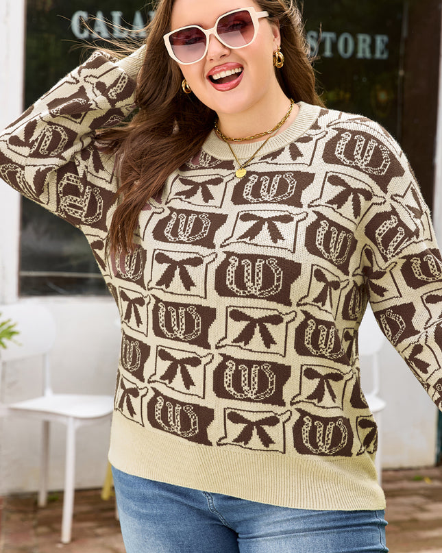Brown Bow Horseshoe Print Checkered Plus Size Sweater