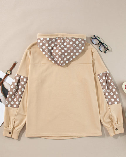 Apricot Floral Patchwork Star Pattern Drawstring Hoodie