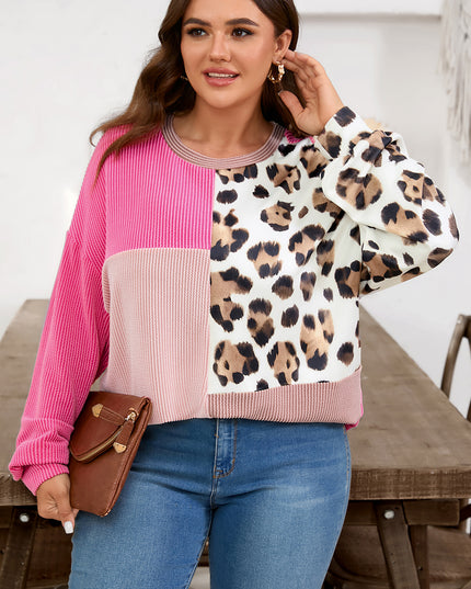 Rose Red Plus Size Twisted Ribbed Color Block Leopard Patchwork Long Sleeve Top