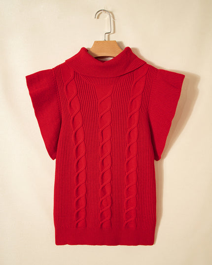 Tomato Red Cable Knit Turtleneck Ruffled Short Sleeve Sweater