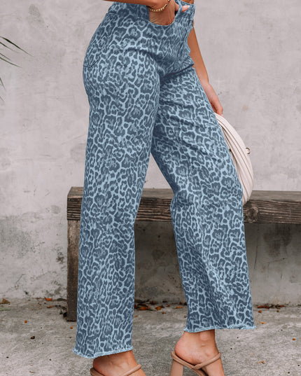 Rose Leopard Frayed Edge Wide Leg High Waist Jeans