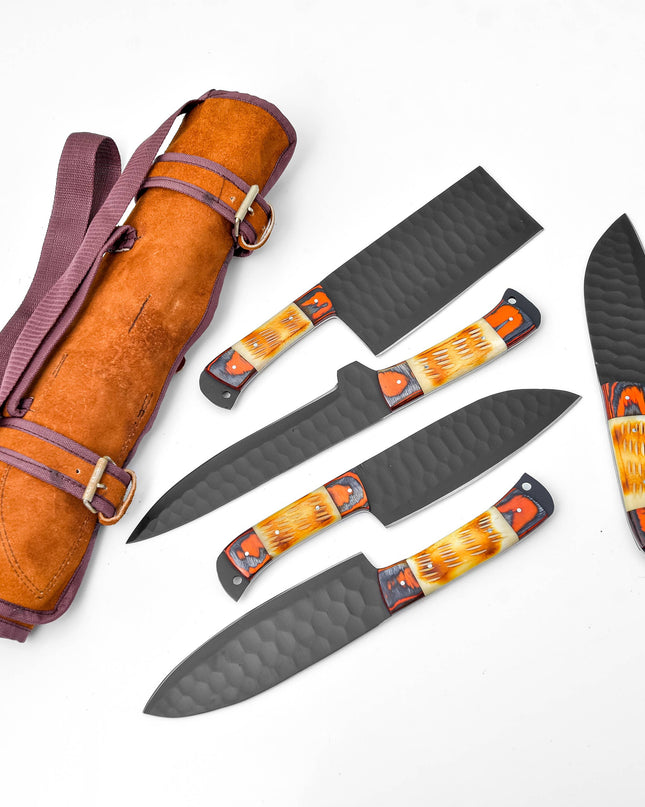 5-Piece  Knife Set / With Leather carry Bag Burnt Bone
