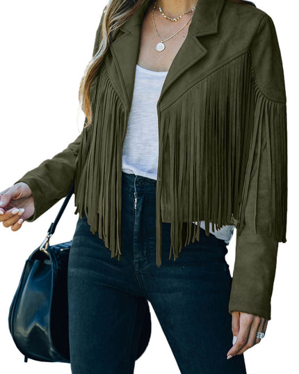 Green Cropped Fringe Faux Suede Jacket