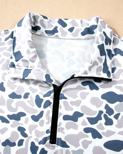 Multicolour Plus Camouflage Print Quarter Zip Kangaroo Pocket Pullover Sweatshirt