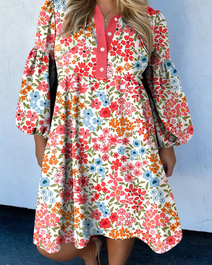 Pink Plus Size Button V Neck Leopard Print Puff Sleeve Loose Mini Dress