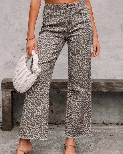Rose Leopard Frayed Edge Wide Leg High Waist Jeans