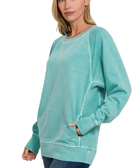 `Washed French Terry Pullover With Side Pockets Zenana