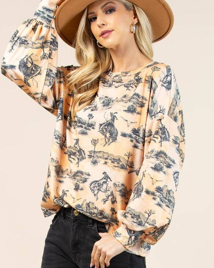 AV1171-JADEN WESTERN BUCKING HORSES PRINT SWEATSHIRT