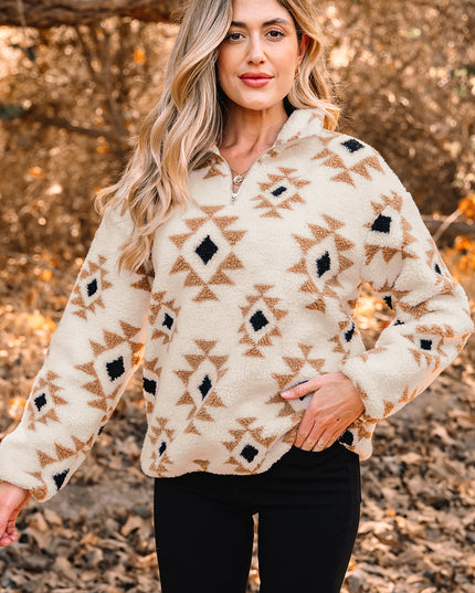 Khaki Aztec Print Sherpa Quarter Zip Collar Sweatshirt
