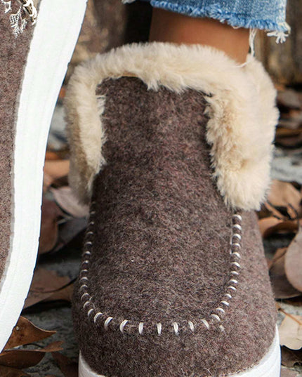 Coffee Suede Stitching Patchwork Plush Lined Anklet Boots