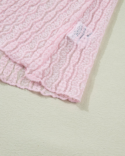 Light Pink Flounced Long Sleeve Mock Neck Sheer Lace Top