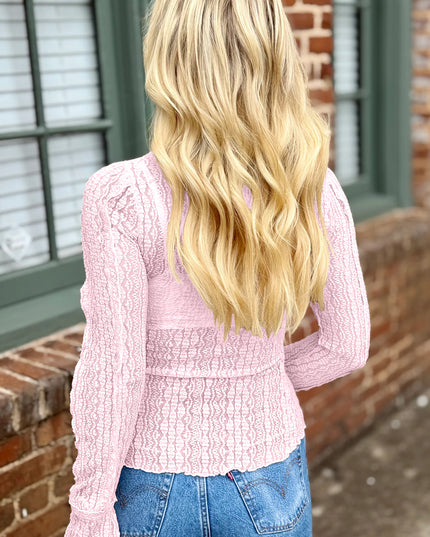 Light Pink Flounced Long Sleeve Mock Neck Sheer Lace Top