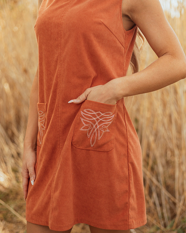 Gold Flame Corduroy Western Embroidered Patched Pocket Shift Sleeveless Mini Dress