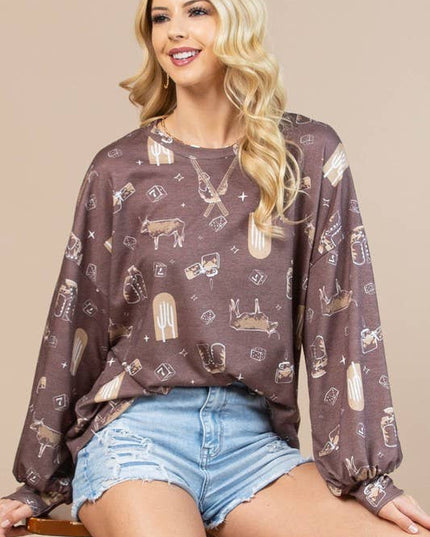 AV1171-CAROL WESTERN PRINT LONG SLEEVE SWEATSHIRT