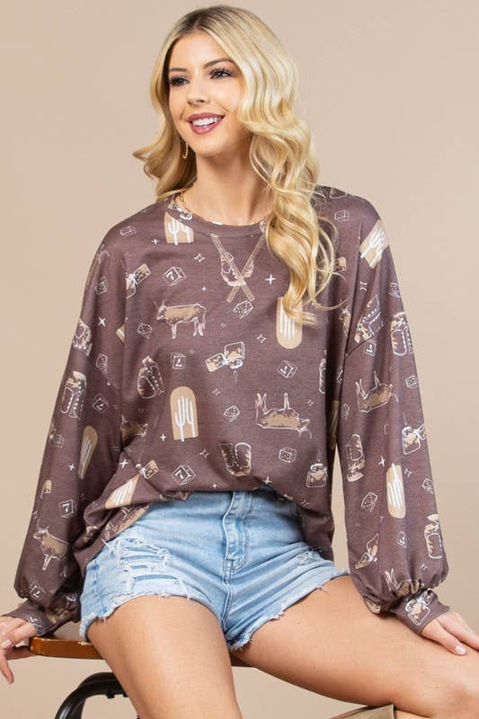 AV1171-CAROL WESTERN PRINT LONG SLEEVE SWEATSHIRT