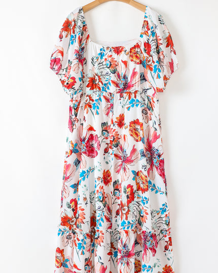 White Floral Square Neck Puff Sleeve Flowy Plus Size Midi Dress