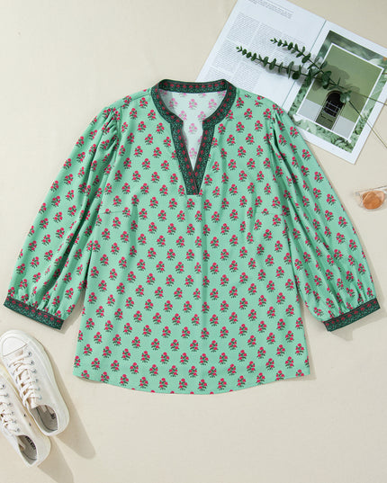 Green Plus Size Floral Print Contrast Trim V Neck Bracelet Sleeve Blouse