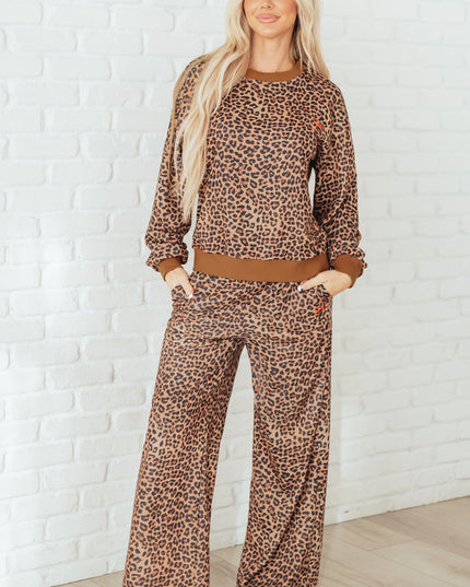 Khaki Leopard Pullover and Pants 2pcs Outfit with Bow Embroidery