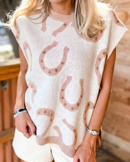 Beige Horse Shoe Western Print Tied Side Cap Sleeve Knitted T Shirt