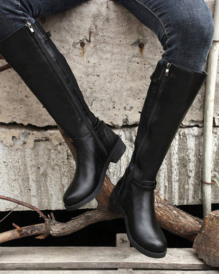 Black Side Zipper Knee High Chunky Low Heel Boots