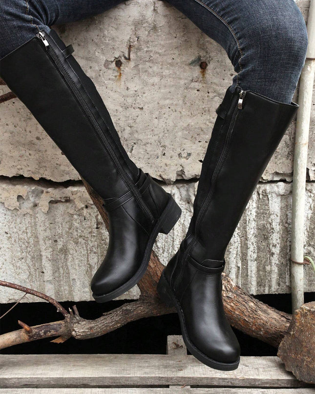 Black Side Zipper Knee High Chunky Low Heel Boots