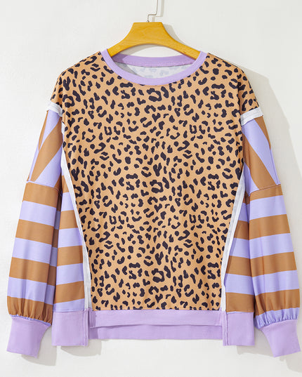Khaki Leopard Striped Patchwork Plus Size Loose Sweatshirt