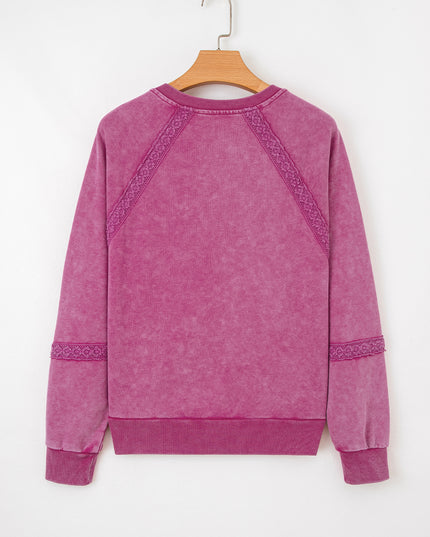 Sail Blue Lace Patchwork Detail Notched Neck Mineral Wash Baggy Sweatshirt