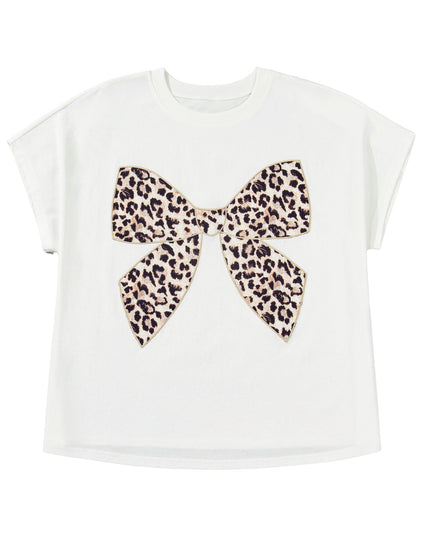 White Plus Size Leopard Bow Embroidered Patch Casual T Shirt