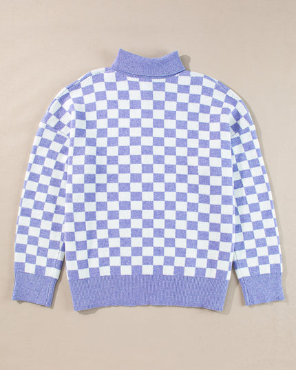 Purple Checkered Collared Buttons Plus Size Sweater