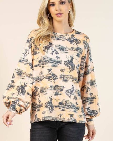 AV1171-JADEN WESTERN BUCKING HORSES PRINT SWEATSHIRT