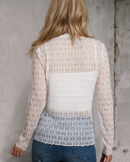Beige Sheer Mesh Patterned Lettuce Trim Slim Long Sleeve Top