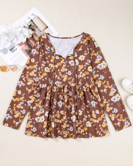 Khaki Floral Textured Tied Neck Long Sleeve Plus Size Babydoll Blouse
