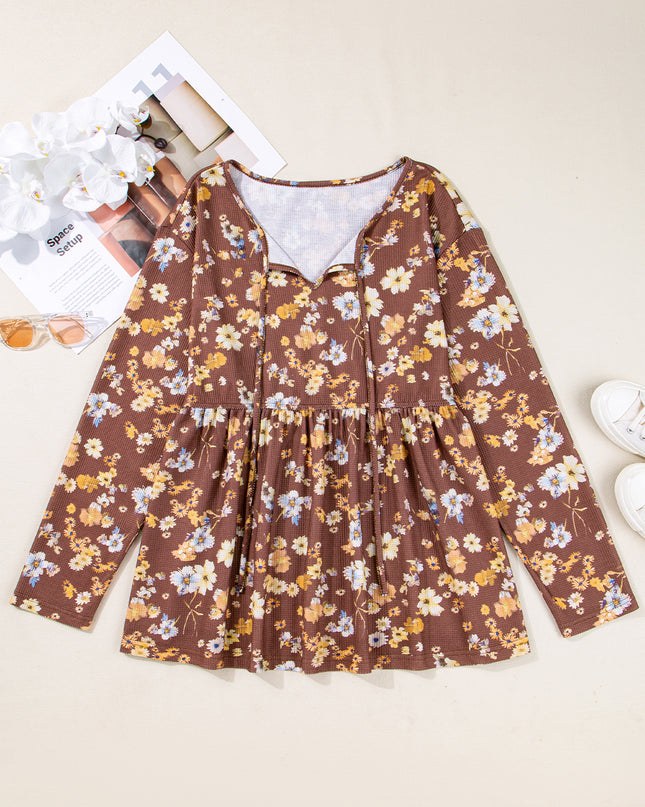 Khaki Floral Textured Tied Neck Long Sleeve Plus Size Babydoll Blouse