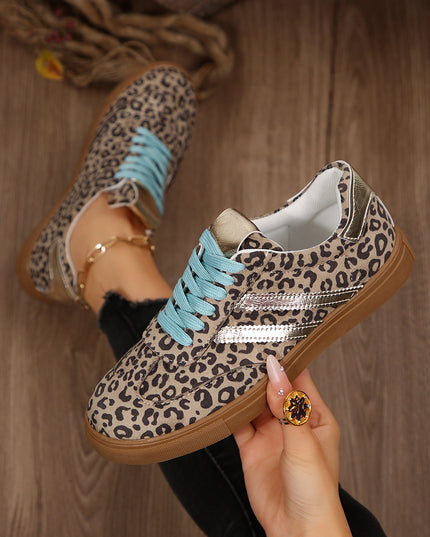 Coffee Faux Suede Leopard Print Sleek PU Leather Detail Lace Up Sneakers