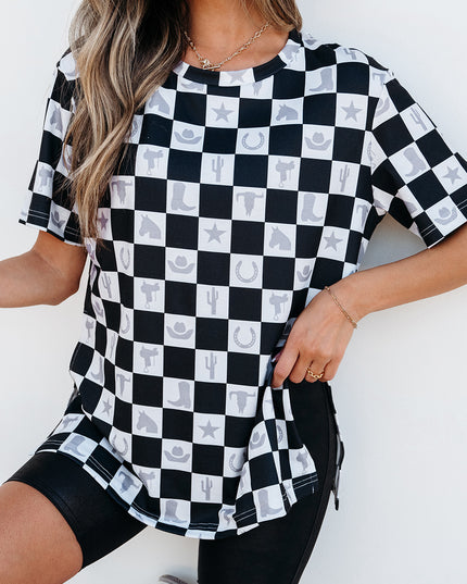 Black Western Fashion Checkerboard Print Side Split T Shirt